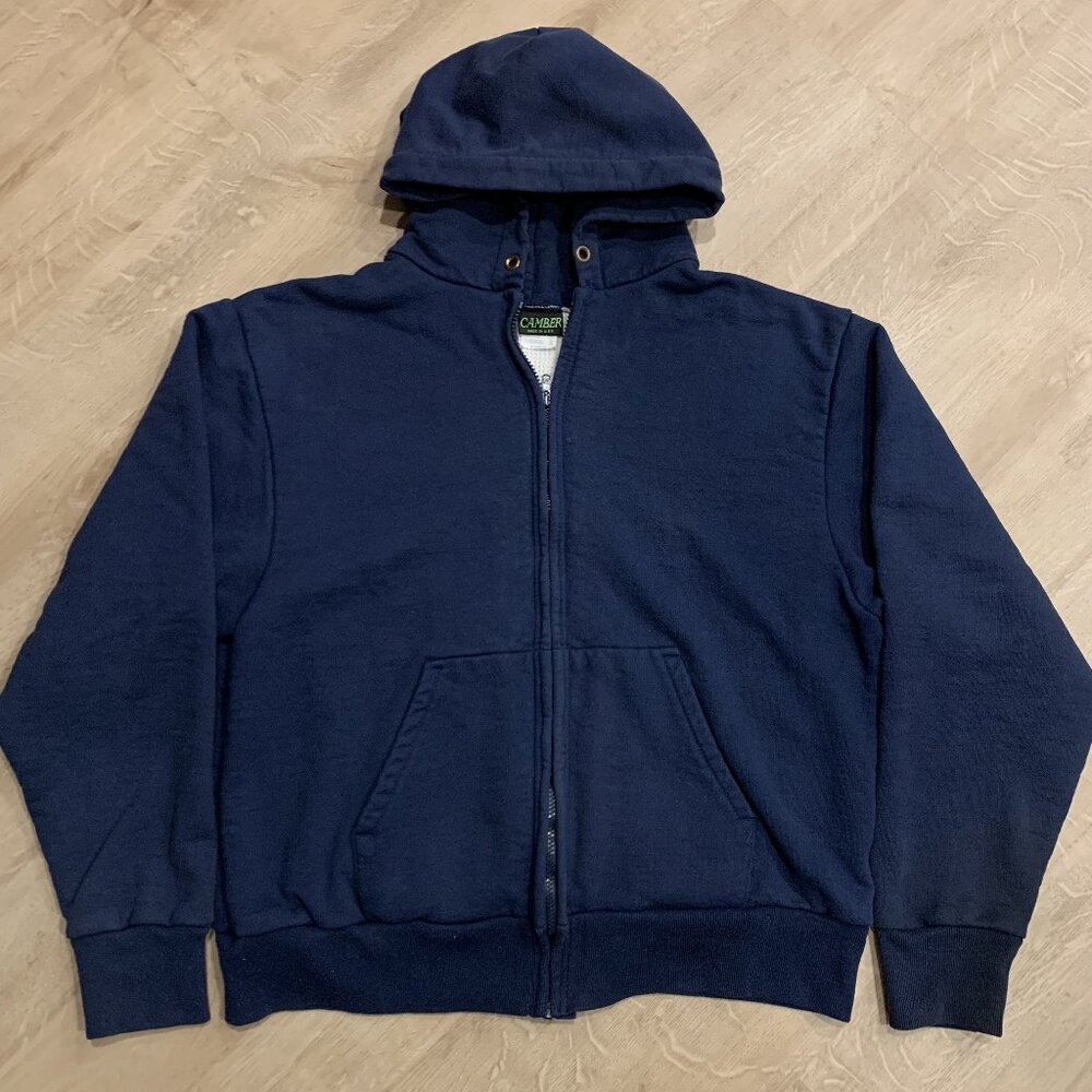 Vintage Camber Thermal Lined Full Zip Hoodie Jacket Blank Blue Waffle Cotton XL